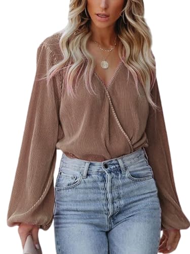 CUPSHE Damen Blusen V Ausschnitt Wickeloptik Plissee Oberteile Langarmshirt Falten Tunika Wickelbluse Tops Coffee L von CUPSHE