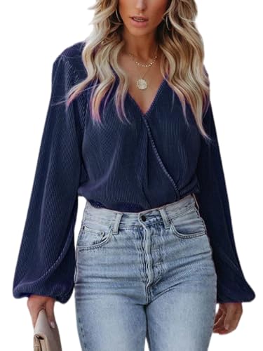 CUPSHE Damen Blusen V Ausschnitt Wickeloptik Plissee Oberteile Langarmshirt Falten Tunika Wickelbluse Tops Marineblau L CUPSHE Damen Blusen V Ausschnitt Wickeloptik Plissee Oberteile Langarmshirt Falten Tunika Wickelbluse Tops Marineblau L von CUPSHE