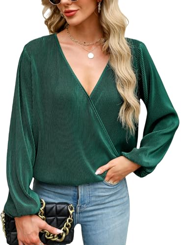 CUPSHE Damen Blusen V-Ausschnitt Wickeloptik Plissee Oberteile Langarmshirt Falten Tunika Wickelbluse Tops Waldgrün XL von CUPSHE