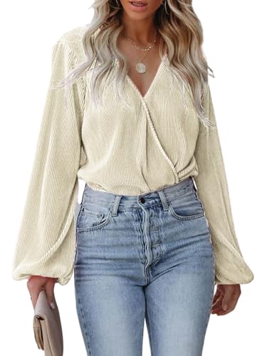 CUPSHE Damen Blusen V Ausschnitt Wickeloptik Plissee Oberteile Langarmshirt Falten Tunika Wickelbluse Tops Weiß L von CUPSHE