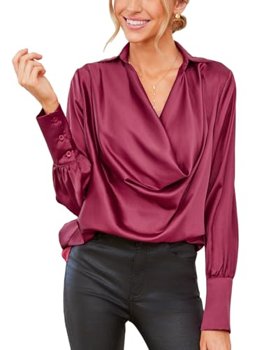 CUPSHE Damen Blusen Wasserfallkragen Satinoptik Elegant Raffung Langarmshirt Oberteile Tunika Hemdbluse Tops Weinrot L von CUPSHE