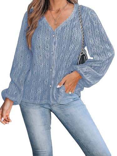 CUPSHE Damen Blusen mit V-Ausschnitt, Puffärmel, Strick Ösen, Spitze, Elegante Tunika, Damenblusen, hellblau, L von CUPSHE