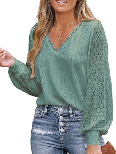 CUPSHE Damen Blusen V-Ausschnitt Spitzen Wellenkante Puffärmel Langarmshirt Lässige Lace Oberteile Tunika Bluse Tops Salbeigrün XL von CUPSHE