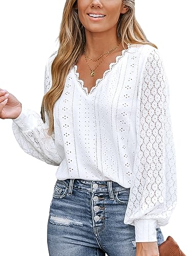 CUPSHE Damen Blusen mit V Ausschnitt, überbackener Spitze, Lange Spitzenärmel, gebänderte Manschetten, schickes, Elegantes Hemd, Weiß XL von CUPSHE