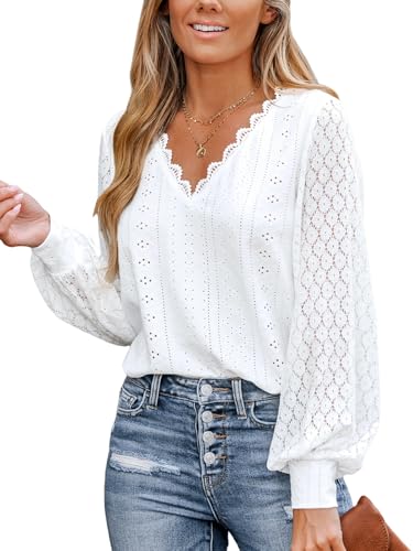 CUPSHE Damen Blusen mit V Ausschnitt, überbackener Spitze, Lange Spitzenärmel, gebänderte Manschetten, schickes, Elegantes Hemd, Weiß XL von CUPSHE