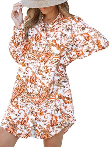 CUPSHE Damen Blusenkleid Knopfleiste Langarm Sommerkleid Strandkleid Bikini Cover Up Loose Button Down Hemd Shirt Mini Dress Orange Paisley S von CUPSHE