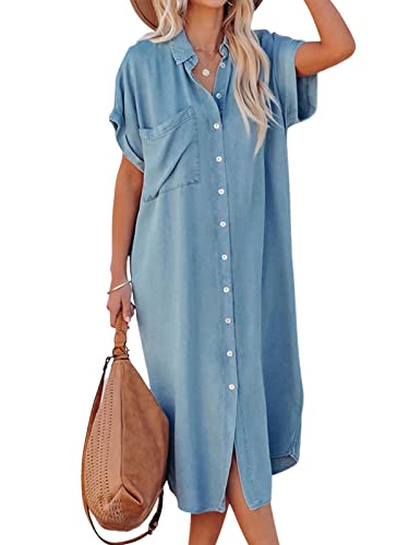 CUPSHE Damen Sommerkleid Knöpfen Kurzarm Seitenschlitz Blusenkleid Freizeitkleider Bikini Cover Up Casual Midi Shirt Dress Denimblau L von CUPSHE