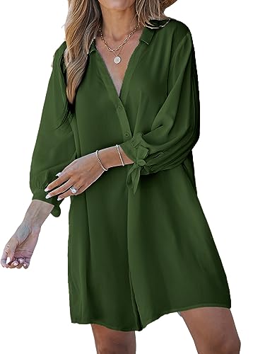 CUPSHE Damen Blusenkleid V Ausschnitt Knopfleiste 3/4 Arm Lockeres Sommerkleid Freizeitkleider Bikini Cover Up Hemdblusen Shirt Mini Dress Armee Grün L von CUPSHE