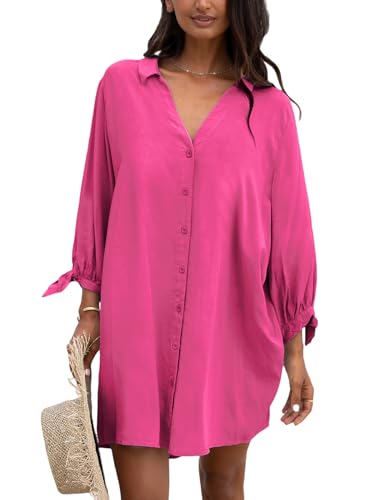 CUPSHE Damen Blusenkleid V Ausschnitt Knopfleiste 3/4 Arm Lockeres Sommerkleid Freizeitkleider Bikini Cover Up Hemdblusen Shirt Mini Dress Fuchsia L von CUPSHE