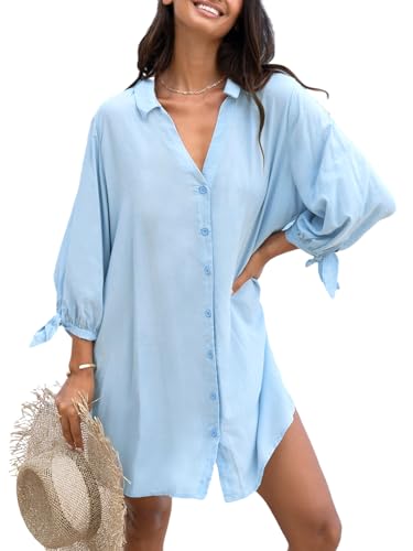 CUPSHE Damen Blusenkleid V Ausschnitt Knopfleiste 3/4 Arm Lockeres Sommerkleid Freizeitkleider Bikini Cover Up Hemdblusen Shirt Mini Dress Hellblau S von CUPSHE