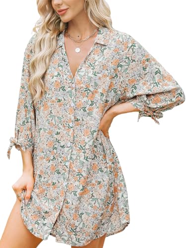 CUPSHE Damen Blusenkleid V Ausschnitt Knopfleiste 3/4 Arm Lockeres Sommerkleid Freizeitkleider Bikini Cover Up Hemdblusen Shirt Mini Dress Orange Floral L von CUPSHE