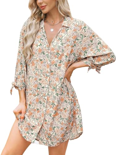 CUPSHE Damen Blusenkleid V Ausschnitt Knopfleiste 3/4 Arm Lockeres Sommerkleid Freizeitkleider Bikini Cover Up Hemdblusen Shirt Mini Dress Orange Floral S von CUPSHE
