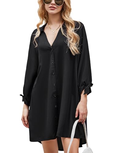 CUPSHE Damen Blusenkleid V Ausschnitt Knopfleiste 3/4 Arm Lockeres Sommerkleid Freizeitkleider Bikini Cover Up Hemdblusen Shirt Mini Dress Schwarz L von CUPSHE