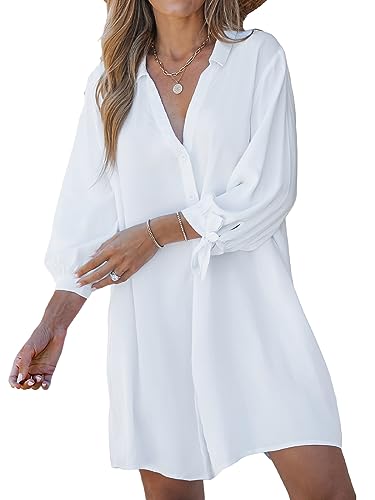 CUPSHE Damen Blusenkleid V Ausschnitt Knopfleiste 3/4 Arm Lockeres Sommerkleid Freizeitkleider Bikini Cover Up Hemdblusen Shirt Mini Dress Weiß XL von CUPSHE