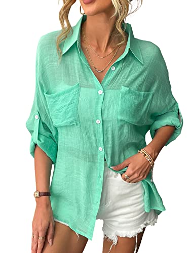 CUPSHE Damen Blusenshirt Revers Knöpfen Langarm Sommer Loose Bikini Cover Up Beachwear Oberteil Blusentop Shirts Hellgrün L von CUPSHE