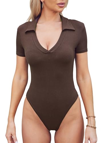 CUPSHE Damen Bodysuit Sexy V Ausschnitt Stricken Shapewear Kurzarm Bodies Gerippten Formende Bodys Elegant Overall Body Tops Braun M von CUPSHE