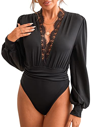 CUPSHE Damen Bodysuit Tiefer V Ausschnitt Spitzenbesatz Langarm Raffungen Bodies Casual Langarmshirt Overall Blusenbody Top Schwarz XS von CUPSHE