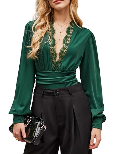 CUPSHE Damen Bodysuit Tiefer V Ausschnitt Spitzenbesatz Langarm Raffungen Bodies Casual Langarmshirt Unterziehbody Blusenbody Tops Grün XS CUPSHE Damen Bodysuit Tiefer V Ausschnitt Spitzenbesatz Langarm Raffungen Bodies Casual Langarmshirt Unterziehbody Blusenbody Tops Grün XS von CUPSHE