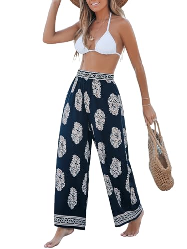 CUPSHE Damen Boho Wide Leg Palazzo Hose Fließende High Waist Damenhose für Relaxed Fit, marineblau, L von CUPSHE
