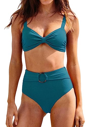 CUPSHE Damen Bowkont Bikini Set Bauchkontrolle Hohe Taille Gürtel Badeanzug, Teal, M von CUPSHE