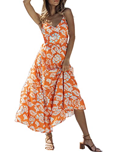 CUPSHE Damen Casual Maxikleid Schnürung Paisley Print V-Ausschnitt Rückenfrei Lang Boho A-Linie Party Slip Cami Kleid, Orange, Medium von CUPSHE