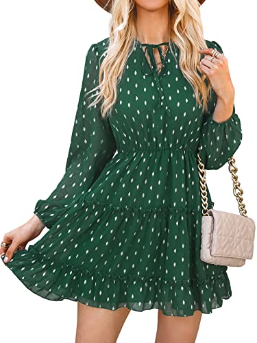 CUPSHE Damen Kleid V Ausschnitt Langarm Rüschensaum Punktemuster A Linien Kurzes Minikleid Freizeitkleider Party Polka Dots Mini Dress Grün L von CUPSHE