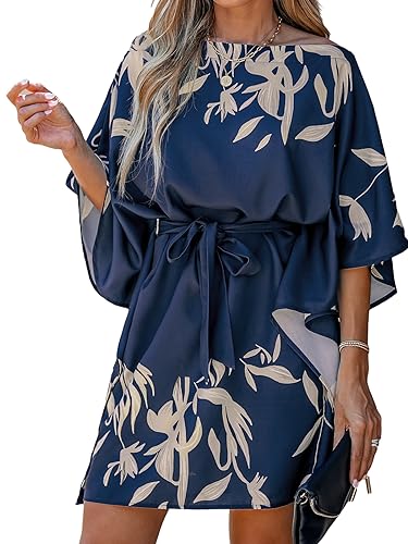 CUPSHE Damen Casual Minikleid Blattdruck 3/4 Ärmel One Shoulder A Linie Kurze Gürtel Kleider, Marineblau, L von CUPSHE