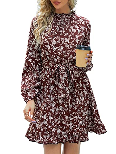 CUPSHE Damen Casual Minikleid Hoher Ausschnitt Langarm Tunika Kleid Floral Boho Rüschen A Linie Kleid, rot, Small von CUPSHE