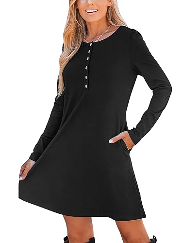 CUPSHE Damen Casual Minikleid U-Ausschnitt Onyx Langarm Henley Fitted A Line Kurze Kleider mit Taschen, Schwarz, M von CUPSHE