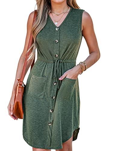 CUPSHE Damen Casual Minikleid V Ausschnitt Button Down Kurze Kleider Kordelzug Tunika Kleid mit aufgesetzten Taschen, olivgrün, L von CUPSHE