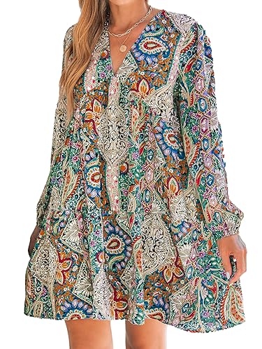 CUPSHE Damen Casual Minikleid V Ausschnitt Retro Paisley Print Onyx Langarm Loose Fit A Linie Kurze Bohe Kleider, Grünes Paisleymuster, M von CUPSHE