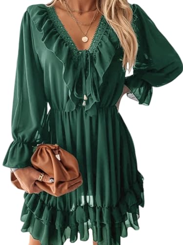 CUPSHE Damen Casual Minikleid V Ausschnitt Tie Front Kurze Länge Kleider Spitze Gerafft A-Linie Tunika Kleid mit Langen Ärmeln, dunkelgrün, L von CUPSHE