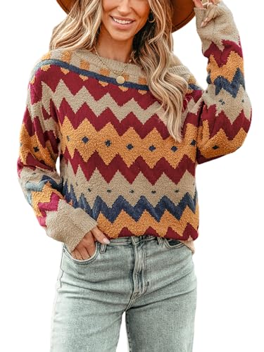 CUPSHE Damen Casual Pullover Pullover Pullover One Shoulder Chevron Ethnic Knit Lange Ärmel Tops, Orange / Rot, Groß von CUPSHE