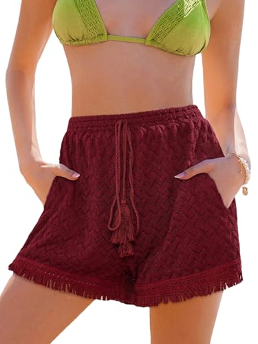 CUPSHE Damen Casual Shorts mit Kordel, Spitze Badeanzug Cover Ups Strandshorts mit Quaste Rot XL von CUPSHE
