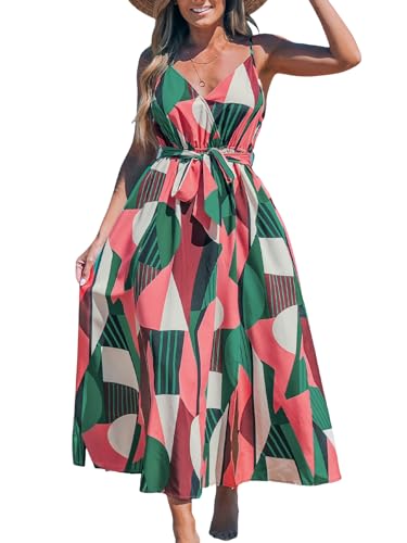 CUPSHE Damen Casual Wickelkleid A-Linie Ärmellos Taille Krawatte Abstrakter Print Schlitz Lang Midi Sommerkleid, Rot geometrisch, S von CUPSHE