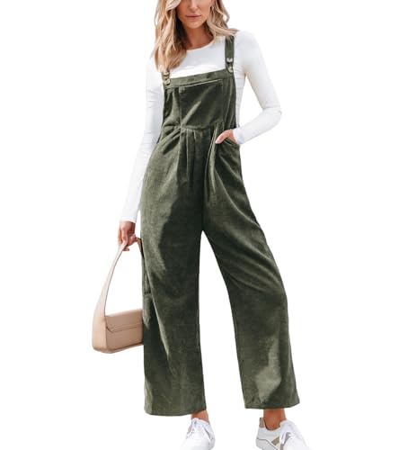 CUPSHE Damen Cord Latzhosen Ärmellos Overall Jumpsuit Weites Bein Lang Playsuit Herbst Winter Lose Hosenanzug mit Taschen Grün L von CUPSHE