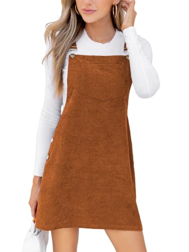 CUPSHE Damen Cord Latzkleid Ärmellos Herbst Quadratischer Ausschnitt Hosenträger Knöpfe Freizeitkleider mit Taschen Mini Dress Braun M von CUPSHE