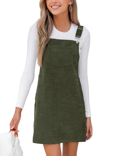 CUPSHE Damen Cord Latzkleid Ärmellos Herbst Quadratischer Ausschnitt Hosenträger Knöpfe Freizeitkleider mit Taschen Mini Dress Olive M von CUPSHE