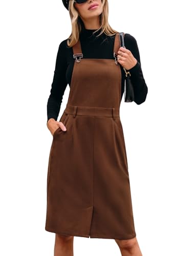CUPSHE Damen Cord Latzkleid Ärmellos Herbst Tunika Hosenträger Freizeitkleider mit Taschen Knielang Lässig Dress Braun M von CUPSHE