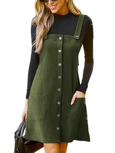 CUPSHE Damen Cord Latzkleid Quadratischer Hals Ärmellos Herbst Hosenträger Knöpfe Freizeitkleider mit Taschen Mini Dress Olivgrün L von CUPSHE