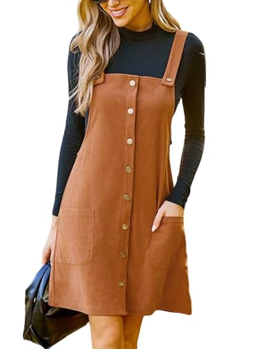 CUPSHE Damen Cord Latzkleid Quadratischer Hals Ärmellos Herbst Hosenträger Knöpfe Freizeitkleider mit Taschen Mini Dress Orange S von CUPSHE