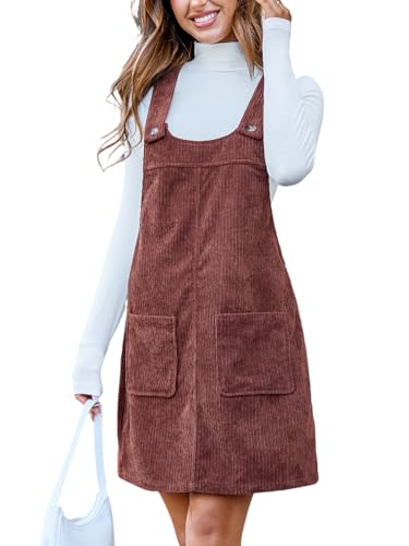 CUPSHE Damen Cord Latzkleid U-Ausschnitt Ärmellos Herbst Hosenträger Freizeitkleider mit Taschen Mini Dress Braun L von CUPSHE