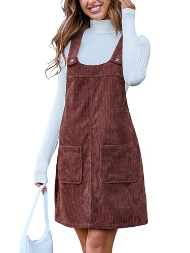 CUPSHE Damen Cord Latzkleid U-Ausschnitt Ärmellos Herbst Hosenträger Freizeitkleider mit Taschen Mini Dress Braun M von CUPSHE