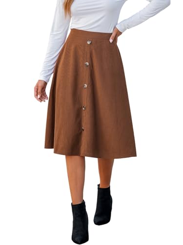 CUPSHE Damen Cordrock Hohe Taille Knöpfen A Linien Midi Rock Elegant High Waist Freizeitrock Party Short Skirt Braun M von CUPSHE