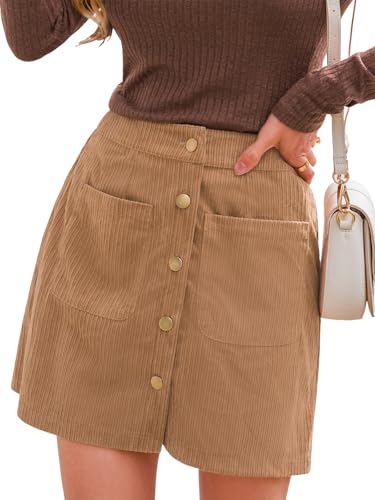 CUPSHE Damen Cordrock Knopfleiste vorne mit Taschen Gerader Schnitt Casual Minirock für Herbst Winter, Hellbraun, M von CUPSHE
