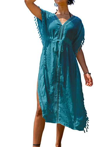 CUPSHE Damen Cover Up Quaste Trim Gürtel Midilänge Beachwear, Blau, S von CUPSHE