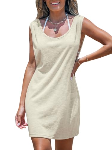 CUPSHE Damen Cover Up Strandkleid Luftig Rundhals Ärmellos Kurz Strandponcho Sommer See Through Beachwear Basic Mini Dress Apricot M von CUPSHE