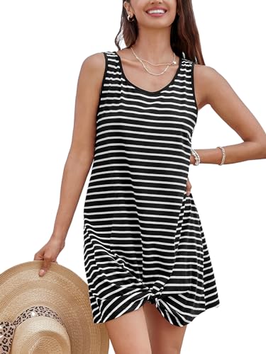 CUPSHE Damen Cover Up Strandkleid Luftig Rundhals Ärmellos Twisted Streifenmuster Kurz Strandponcho Sommer Beach Mini Dress Schwarz/Weiß Streifen XS von CUPSHE