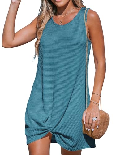 CUPSHE Damen Cover Up Strandkleid Luftig Rundhals Ärmellos Twisted Waffelstrick Kurz Strandponcho Sommer Beach Mini Dress Blau M von CUPSHE