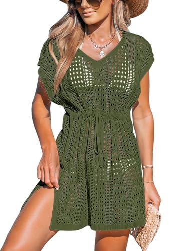 CUPSHE Damen Cover Up Strandkleid V Ausschnitt Tunnelzug Seitenschlitz Lochmuster Häkelt Strandponcho Sommer Beach Crochet Mini Dress Gelbgrün XXL von CUPSHE